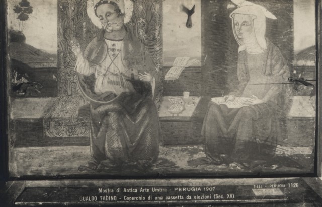 Tilli — Mostra di Antica Arte Umbra - Perugia 1907. Gualdo Tadino - Coperchio di una cassetta da elezioni (Sec. XV) — particolare
